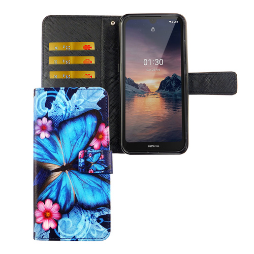 Nokia 1.3 Tasche Handy H�lle Schutz-Cover Flip-Case mit Kartenfach Blauer Schmetterling