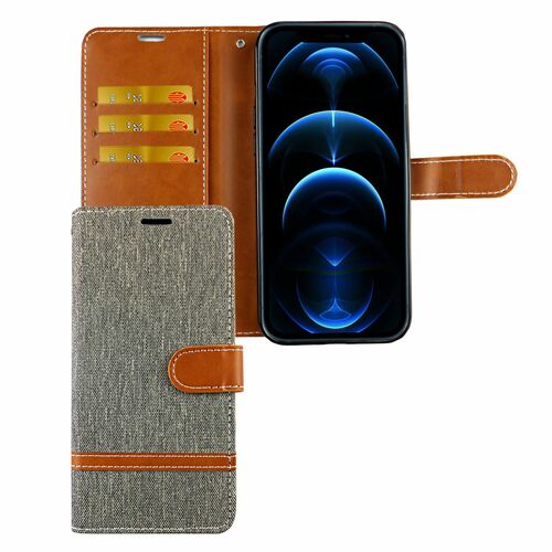 Apple iPhone 12 / 12 Pro Handy H�lle Schutz-Tasche Case Cover Kartenfach Etui Wallet Grau
