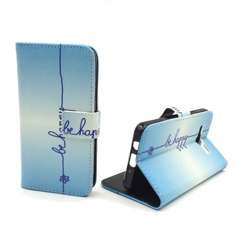  Handyh�lle Tasche + 1 Panzer Schutz Glas f�r Case Handy Samsung Galaxy A3 Schriftzug Be Happy Blau