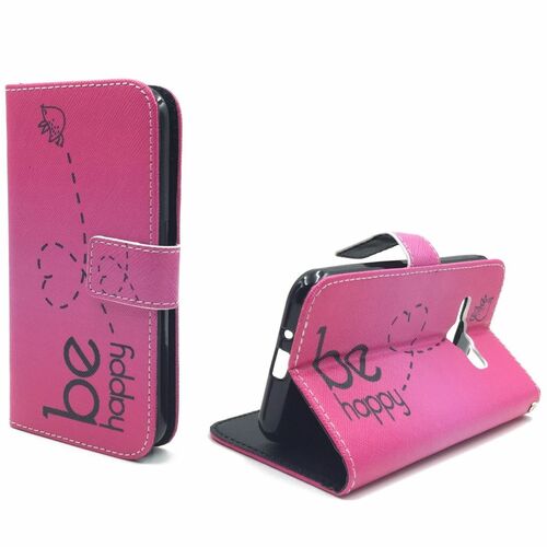  Handyh�lle Tasche + 1 Panzer Schutz Glas f�r Case Handy Samsung Galaxy J1 (2016) Be Happy Pink