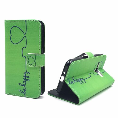  Handyh�lle Tasche + 1 Panzer Schutz Glas f�r Case Handy Samsung Galaxy J1 (2016) Be Happy Gr�n