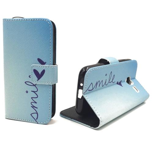  Handyh�lle Tasche + 1 Panzer Schutz Glas f�r Case Handy Samsung Galaxy J1 Mini Schriftzug Smile Blau