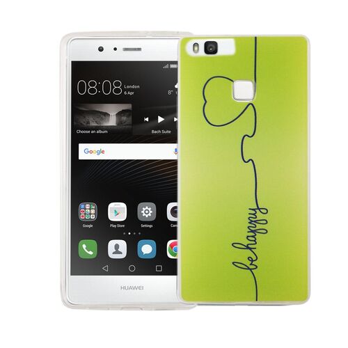  Handy H�lle f�r Huawei P9 Cover Case Schutz Tasche Motiv Slim TPU + Panzer Schutz Glas 9H Be Happy Gr�n