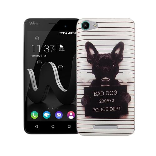  Handy H�lle f�r Wiko Jerry Cover Case Schutz Tasche Motiv Slim TPU + Panzer Schutz Glas 9H B�ser Hund Wei�
