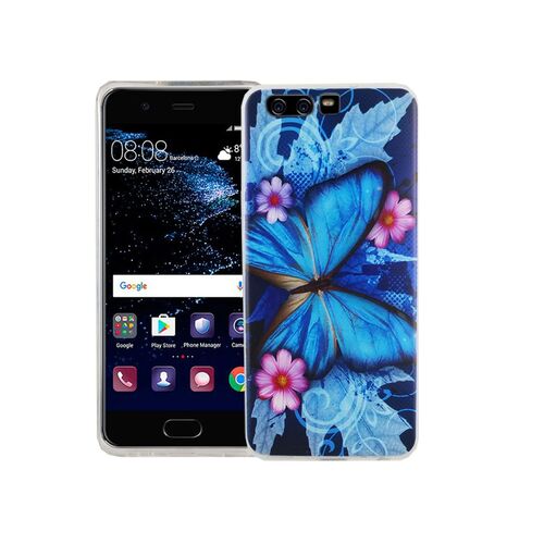  Handy H�lle f�r Huawei P10 Cover Case Schutz Tasche Motiv Slim TPU + Panzer Schutz Glas 9H Blauer Schmetterling
