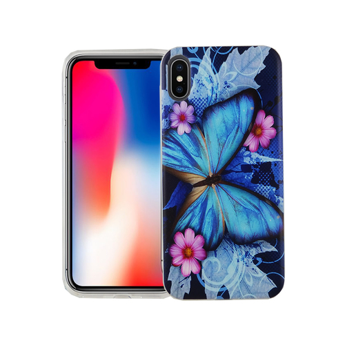 Handy H�lle f�r Apple iPhone XS Cover Case Schutz Tasche Motiv Slim Silikon TPU Blauer Schmetterling