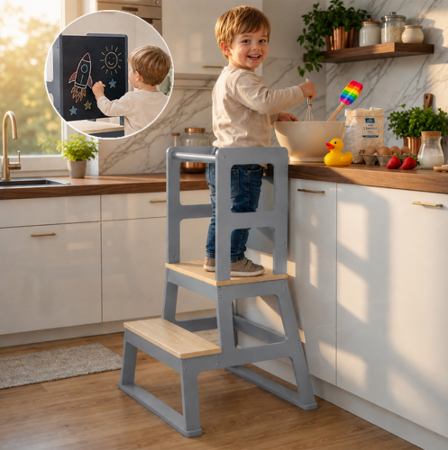Baby Vivo Lernturm aus Holz - Mit Tafel in Grau