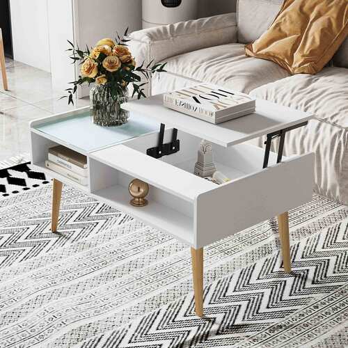 Makika Couchtisch / Wohnzimmertisch mit Glas ausziehbar mit verstecktem Fach in Wei