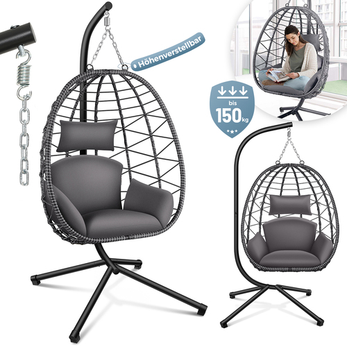 Makika H�ngesessel mit Gestell h�henverstellbar aus Polyrattan in Grau