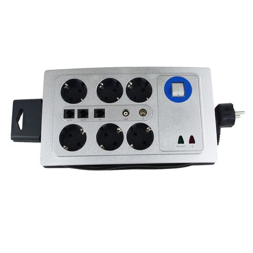 Steckdosenleiste 6Fach TV/TAE Schalter silber Steckerleiste �berspannungsschutz