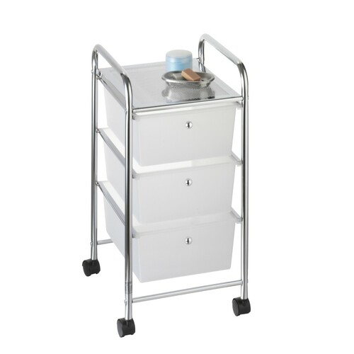 Schubladenwagen Bad Standregal verchromt mit 3 transparenten Kunststoffboxen