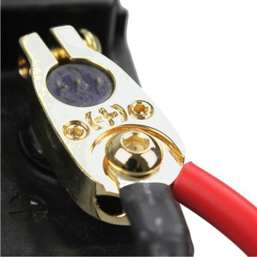 Vergoldete Plus- Polklemme f�r max. ca.  19 mm 2 Anschl�sse bei Kfz Batterien