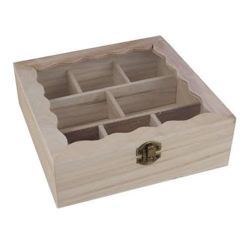 Teebeutelbox Holz natur 8 F�cher 20x20x6,7cm Sichtdeckel dekorative Teekistchen