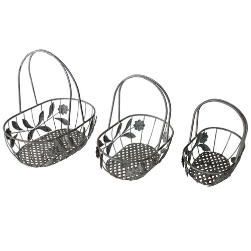 Ovales Dekokorb Set 3tlg. Pflanzkorb antik Tragekorb grau Dekokorb Metall Korb