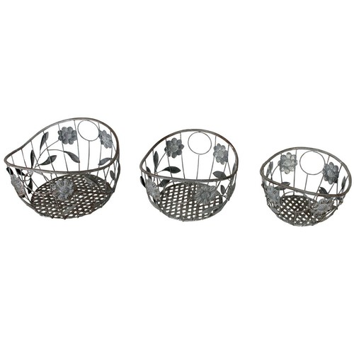 Dekok�rbe Set 3tlg. rund antik grau Metall Korb Dekokorb Pflanzkorb Korbset