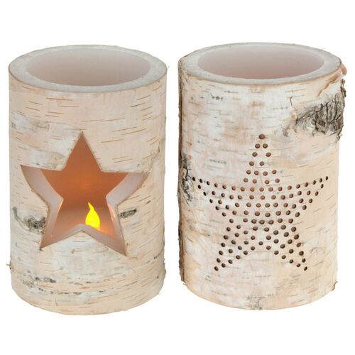 Echtwachs LED Kerze 10x15cm Birkenoptik Echtwachskerze mit Stern