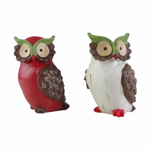 Dekofigur Eule 2St�ck rot und wei� 11x7x8cm Polyresin Eulen Dekoeulen Polyfigur