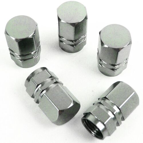 Sechskant Ventilkappen 5 Stk. Gun Metal Grey mit metallic Look und Zierstreifen