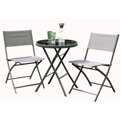 Bistro Set 3tlg. Klapptisch mit Glasplatte und 2 Klappst�hlen Textil-Bespannung
