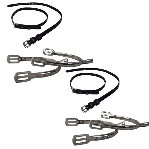 Sporen 20mm mit Glitzersteinchen in rosa od. blau u. passenden Ledersporenriemen