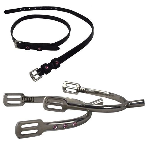 Sporen 30mm mit Glitzersteinchen in rosa od. blau u. passenden Ledersporenriemen 