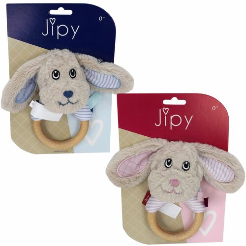 Jipy Greifring Greifling Greiftier Hund mit Rassel 14cm Holz rosa od. hellblau