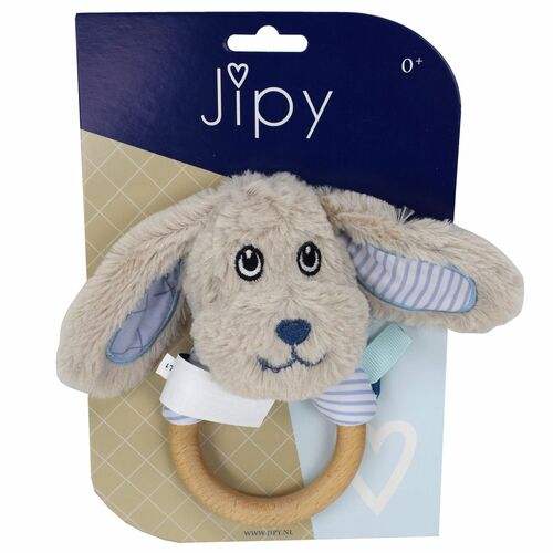 Jipy Greifring Greifling Greiftier Hund mit Rassel 14cm Holz rosa od. hellblau 