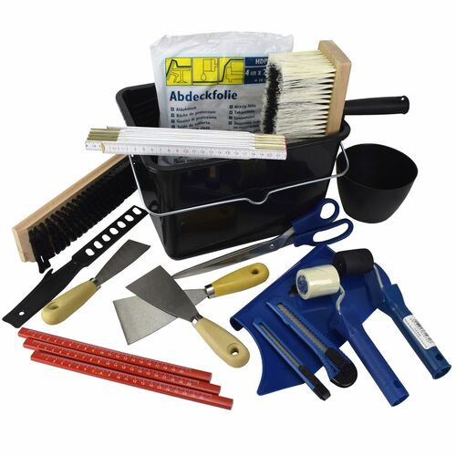 Tapezier-Set im Eimer 19tlg. Folie Messer Gipsbecher Spachtel B�rste Schere
