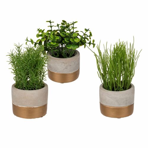 Deko-Kr�uter im Zementtopf in grau gold Kunstblume Dekoration Gr�npflanze 