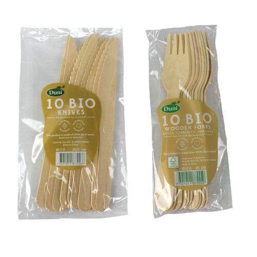 Einwegbesteck 20 tlg. Holz Messer + Gabel Birkenholz Partybesteck Wegwerfbesteck