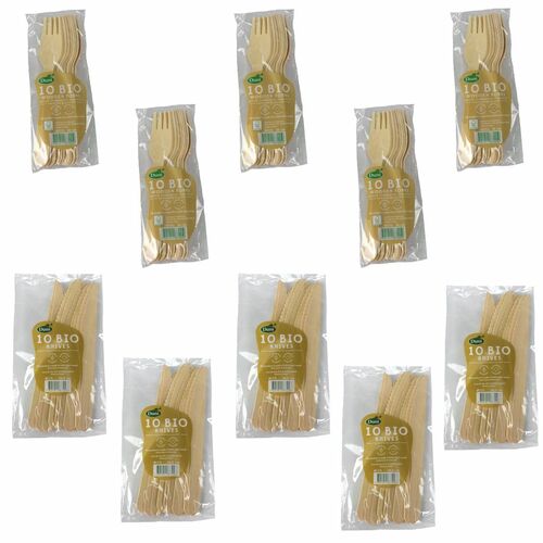 Einwegbesteck-Set 100tlg. Holz Messer+Gabel aus Birkenholz Partybesteck Wegwerf