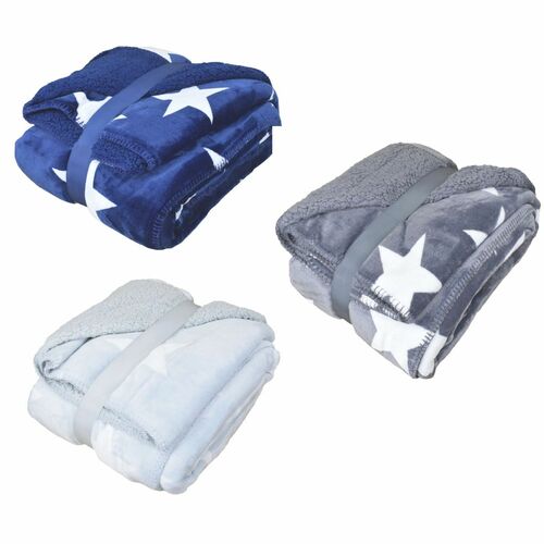 Kuscheldecke 150x200cm mit Flanell und Sherpa Wohndecke mit Sternen in 3 Farben 