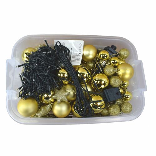 Christbaumschmuck-Set 100tlg. mit LED-Lichterkette & Box, Rot Gold oder Silber 