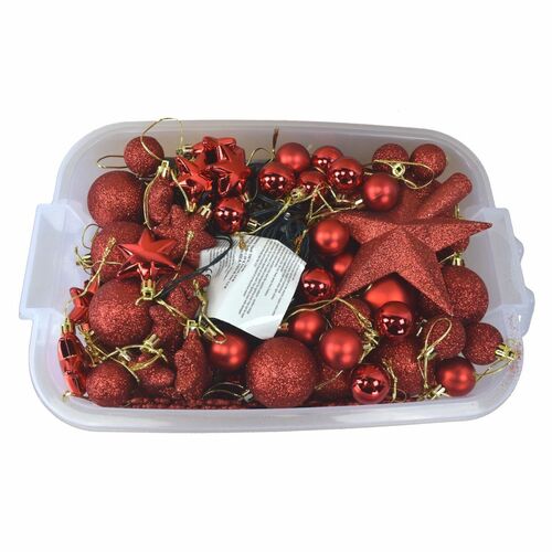 Christbaumschmuck-Set 100tlg. mit LED-Lichterkette & Box, Rot Gold oder Silber 