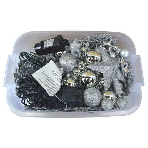 Christbaumschmuck-Set 100tlg. mit LED-Lichterkette & Box, Rot Gold oder Silber 