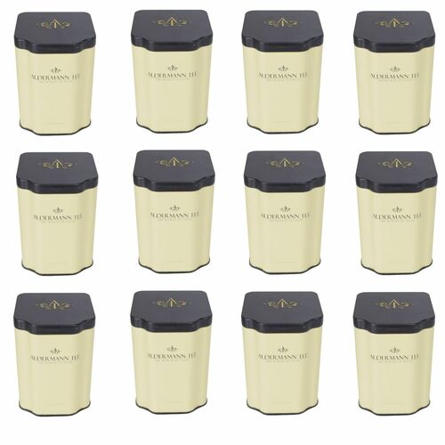 Teedosen 6,12, 24er-Set Aldermann Tee, creme, schwarzer Deckel 8x8x11cm  