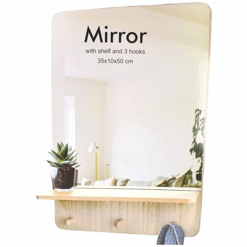 Wandspiegel mit Ablage und Garderobenhaken in Natur oder Schwarz 35x10x50 cm 