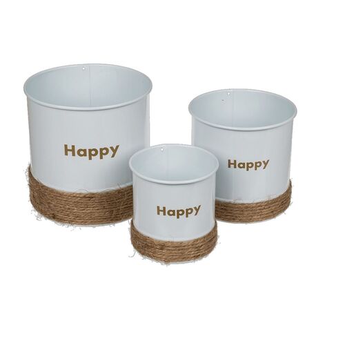 Drei Blument�pfe aus Metall in wei�  ca.12, 10 und 8cm mit Jutedeko Metallt�pfe 