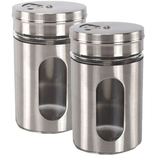 Zwei Aluminium Gew�rzstreuer aus Glas mit verstellbarer �ffnung Salz & Pfeffer