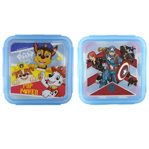 Quadratische Kinder Lunchbox 13 x 13 cm mit Heldenmotiv und abnehmbaren Deckel
