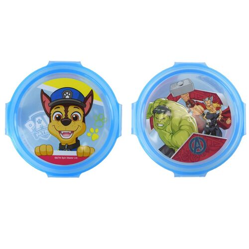 Runde Kinder Lunchbox 11 x 11 x 6 cm mit Heldenmotiv und abnehmbaren Deckel