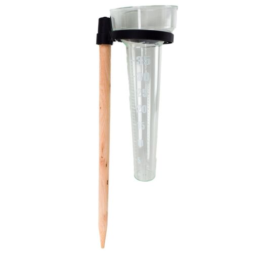 Transparenter Regenmesser mit Messskala aus Kunststoff und Holzstiel (ca. 37 cm)