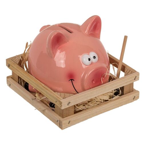 Keramik Spardose im Schweinchen Design ca. 13 cm Sparschwein mit Hammer & Stall