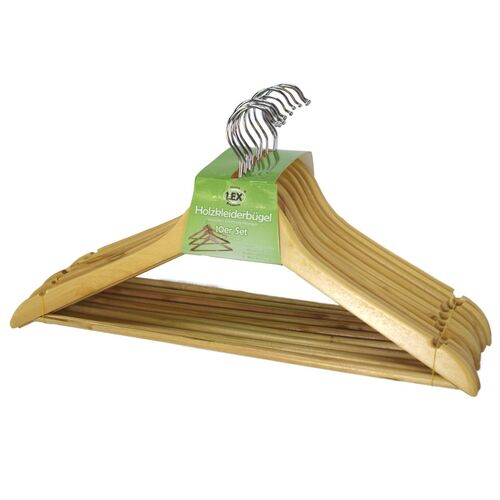 Holzkleiderb�gel natur 44 x 23 cm mit Metallhaken & Hosenhalter im 10er Set 