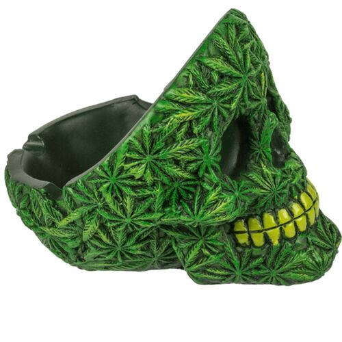 Aschenbecher Totensch�del mit Cannabis Motiv ca. 11cm Totenkopf Ascher Marihuana
