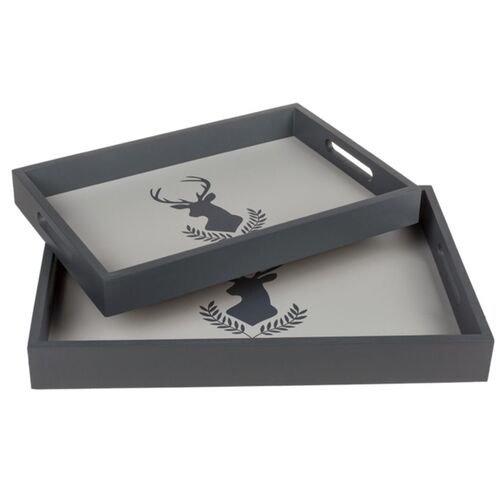 Tablett aus Holz Serviertablett fr Geschirr & Deko Grau mit Hirschmotiv Hirsch 