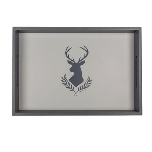 Tablett aus Holz Serviertablett f�r Geschirr & Deko Grau mit Hirschmotiv Hirsch  