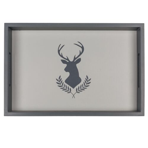 Tablett aus Holz Serviertablett f�r Geschirr & Deko Grau mit Hirschmotiv Hirsch  