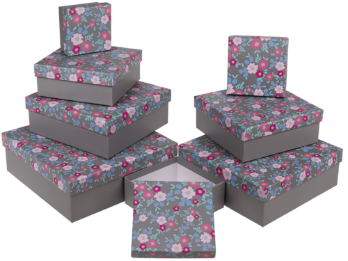 8 graue Geschenkkartons mit Fr�hingsblumen in verschiedenen Gr��en