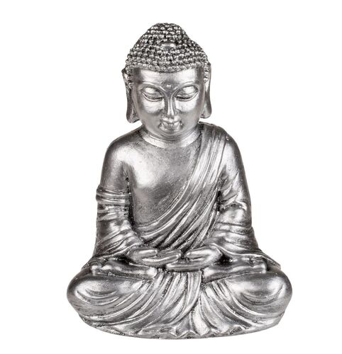 Buddha sitzend aus Polyresin 14cm Buddhafigur Dekofigur Silber